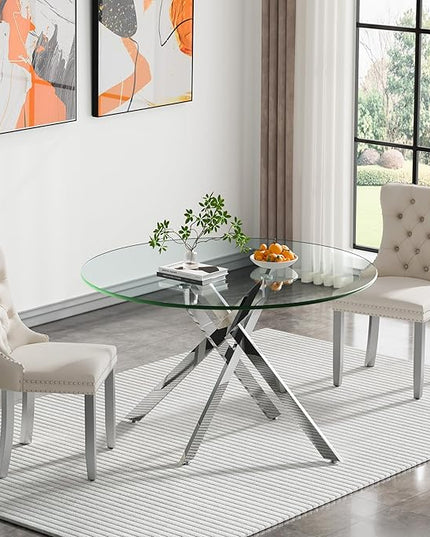 HomVent 3 Piece Round Glass Dining Table Set, Tempered Glass Dinner Table Set for 2 Kitchen Table Set with 2 Velvet Upholstered Chairs for Kitchen Dining Room