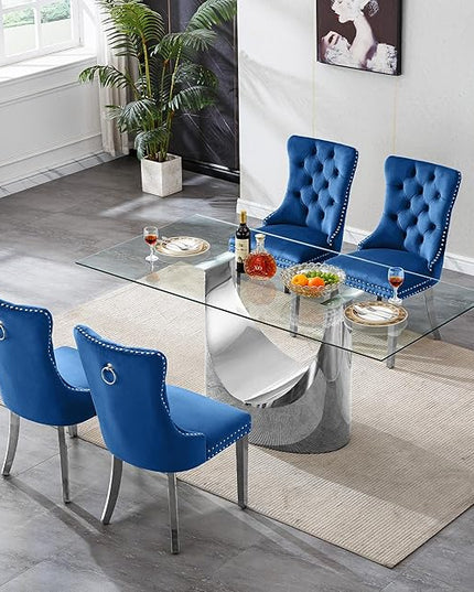 5 Piece Dining Table Set, Modern Glass Dining Table Set for 4 with Velvet Chairs, 70" Luxury Dining Table Chairs Set of 4, Kitchen Dining Room Sets for Dinner Dinette Breakfast Banquet, Blue+Silver