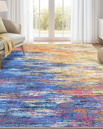 Modern Abstract Living Room Rug 10x13, Machine Washable Large Carpet, Non Slip Low Pile Throw Rug, Ultra Soft Indoor Floor Carpet for Bedroom Dining Room Table Home Decor, Blue/Orange