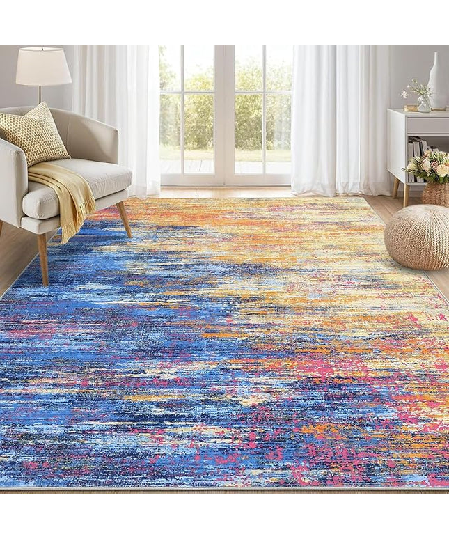 Washable Rug 9x12 Area Rug for Living Room, Non Slip Abstract Rug for Bedroom, Ultra Soft Area Rug, Low Pile Soft Contemporary Indoor Floor Carpet Cover, Blue/Orange