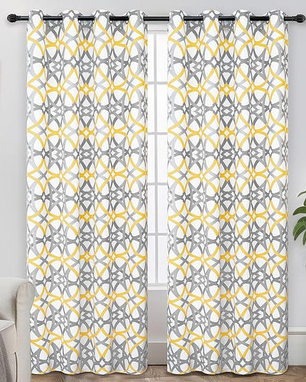 DriftAway Alexander 80% Blackout Curtains for Living Room 250GSM Pattern Match Thermal Insulated Room Darkening Geo Moroccan Mid Century Grommet Bedroom Drapes 2 Panels 52 Inch by 102 Inch Yellow Gray