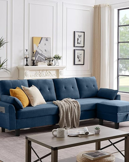 Convertible Sectional Sofa,Modern 4-Seat L Shaped Couch with Storage Ottoman,Linen Fabric Sofa Set for Living Room, Blue