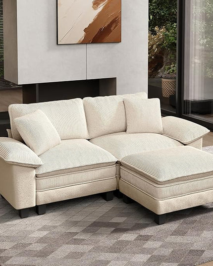 HERA'S HOUSE 88" Modular Sectional Sofa, L Shaped Couches for Living Room, Comfy Cloud Couch with Ottoman, 3-Seater Deep Seat Sofa with Throw Pillow, Corduroy and Chenille Beige