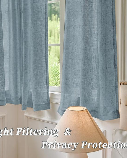 Dusty Blue Sheer Linen Curtains 96 Inch Long for Living Room 2 Panels Back Tab Pocket Soft Light Weight Airy Semi Privacy Linen Sheer Curtains for Bedroom Dining Cottage Urban Decor 8 FT 52x96