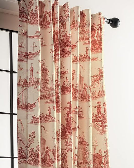 Maison d' Hermine Curtains for Living Room 100% Cotton 108 inch Length One Panel Light Filtering Toile Curtains for Bedroom Windows with Rod and Loop Pockets Drapes (Calais Cardinal, 50" W x 108" L)