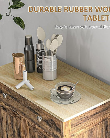 HOMCOM Sideboard with Solid Wood Countertop, Modern Kitchen Storage Cabinet, Coffee Bar Cabinet with 2 Drawers, Doors and Adjustable Shelf, Rustic Brown