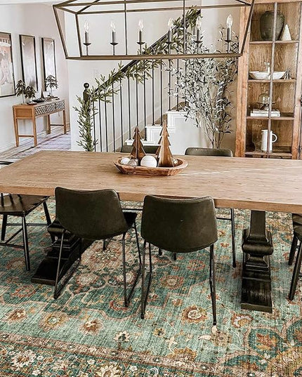 Washable Oriental Area Rug - 8x10 Rugs for Living Room Soft Carpet for Bedroom Waterproof Floral Distressed Indoor Stain Resistant Non-Shedding Floor Carpets (Green, 8x10)