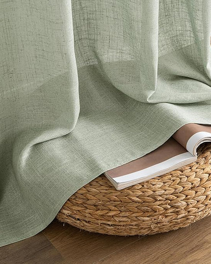 MIULEE Sage Linen Curtains 63 Inch Length 2 Panels for Bedroom Living Room,Green Soft Thick Linen Textured Kitchen Window Drapes Semi Sheer Light Filtering Back Tab Rod Pocket Burlap Look Decor