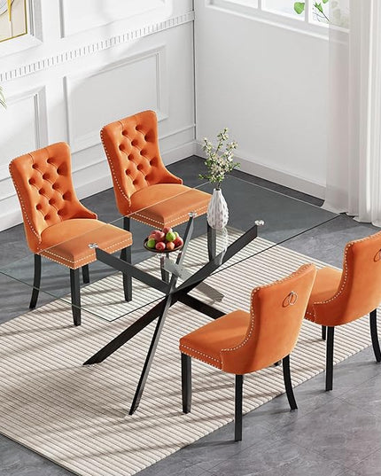 HomVent 5 Piece Rectangular Glass Dining Table Set, Tempered Glass Dinner Table Set for 4 Kitchen Table Set with 4 Velvet Upholstered Chairs for Kitchen Dining Room