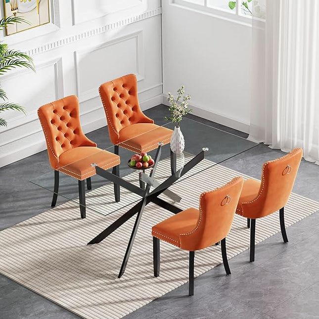 HomVent 5 Piece Rectangular Glass Dining Table Set, Tempered Glass Dinner Table Set for 4 Kitchen Table Set with 4 Velvet Upholstered Chairs for Kitchen Dining Room