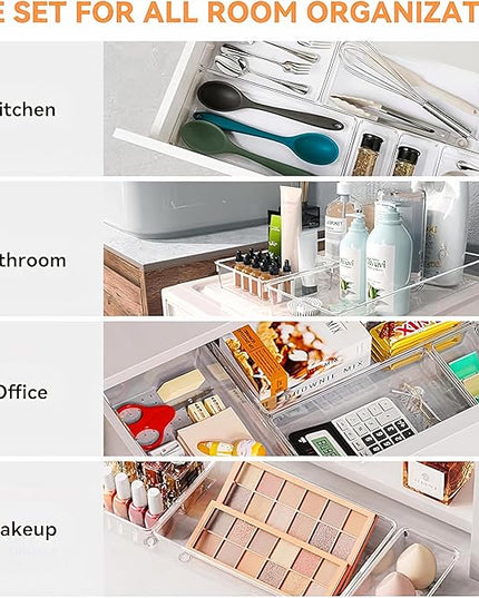 15-Pack Clear Drawer Organizer Set – Multi-Size Acrylic Storage Bins for Kitchen, Makeup, Office & Bathroom – Stackable Plastic Trays for Home, Desk & Vanity Organization