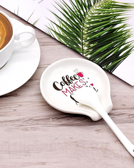 Funny Coffee Quote Colored Pattern Ceramic Coffee Spoon Holder-Coffee Spoon Rest -Coffee Station Decor Coffee Bar Accessories-Coffee Lovers Gift for Women and Men (Coffee Makes Me Happy)