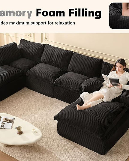 137.8” Sectional Couches for Living Room, Cloud Couch, Modular Sectional Sofa, Convertible Sofas Bed, Deep Seat Sofa, Sleeper Sofa Full Size, Corduroy, Black