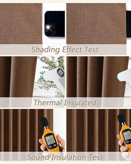 Guken 100% Blackout Linen Curtains 96 Inch Length 2 Panels Set for Living Room Bedroom Back Tab Thermal Insulated Black Out Linen Drapes Room Darkening Window Curtains,Caramel Brown