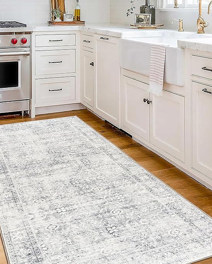 ReaLife Rugs Machine Washable Area Rug Runner - Living Room Bedroom Bathroom Kitchen Entryway Office - Padded Low Pile Stain Resistant Premium - Boho Farmhouse Vintage - Noor - Silver Ivory 2'6" x 8'