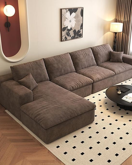 136.6'' L-Shaped Modern Modular Sectional Cloud Couch, 4-Seat Chenille Deep-Seat Sofa with Pillow for Living Room, Bedroom, Apartment, Camel