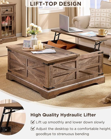 JXQTLINGMU Farmhouse Lift Top Coffee Table with Storage, 36" Wood Square Center Table with Large Hidden Compartment, Rustic Lift Tabletop Dining Table for Home Living Room, Light Brown