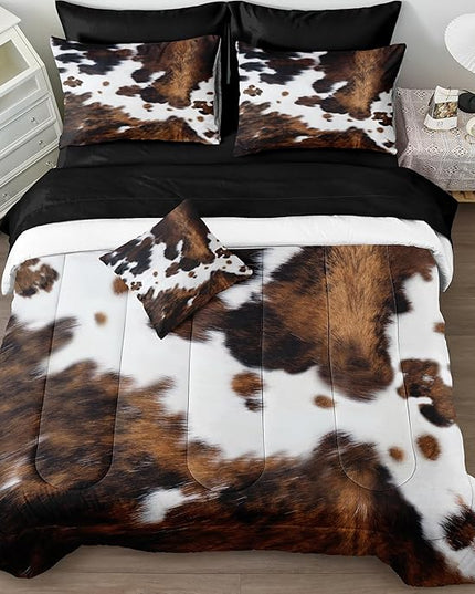 Bedbay Cow Print Comforter Set Queen Size Animal Skin Bedding 8 Pcs Queen Bed in a Bag Western Cowhide Rustic Bedding Brown Milk Cow Print Bed Set for All Seasons(Brown,Queen)