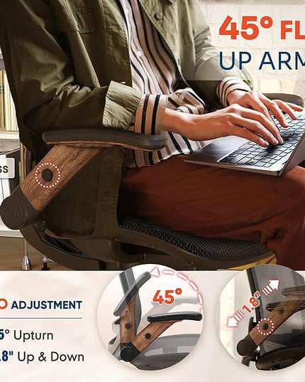 GABRYLLY Ergonomic Office Chair, High Back Home Desk Chair with Headrest, Flip-Up Arms, 90-120° Tilt Lock and Wide Cushion, Big and Tall Mesh Chairs for Man Woman, Black Task Chair(Dark Woodgrain)