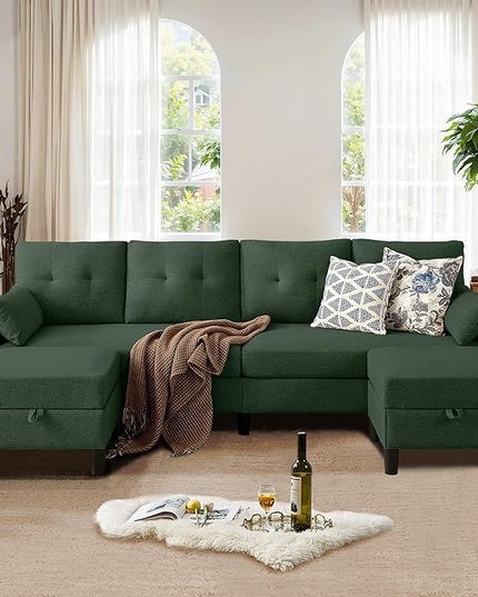 101" Sectional Sofa 4 Seat U Shaped Couch with Storage Ottoman for Living Room, Reception Room ect, Combination Sectional Couch with Movable Ottoman Sets, Green