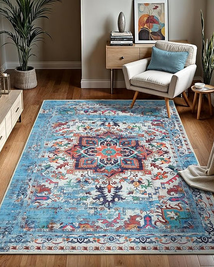 GLN Rugs Traditional Collection - Machine Washable Area Rug, Traditional Washable, Non Slip, Low Pile Chenille Rug, Living Room, Bedroom, Kitchen Rug (7'10"x10' Blue)