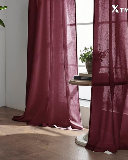 Maroon Wine Red Curtains 96 Inches Long for Living Room 2 Panels Set Linen Hooks Track Solid Regular Xmas Holiday Country Farmhouse Christmas Seasonal Themed Winter Curtains for Dining Room Bedroom