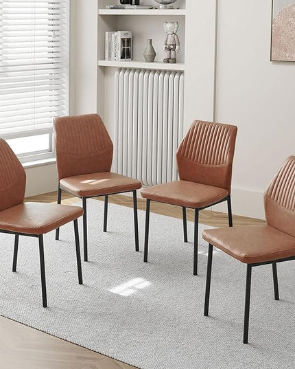 Dining Chairs Set of 4, Brown PU Leather Dining Chairs, Comfortable Upholstered Armless Kitchen Chairs with Black Metal Legs for Living Room, Dining Room, Kitchen