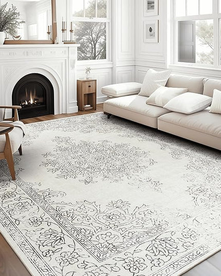 ReaLife Rugs Machine Washable Area Rug Runner - Living Room Bedroom Bathroom Kitchen Entryway Office - Padded Low Pile Stain Resistant Premium - Boho Farmhouse Vintage - Paige - Ivory 3' x 5'
