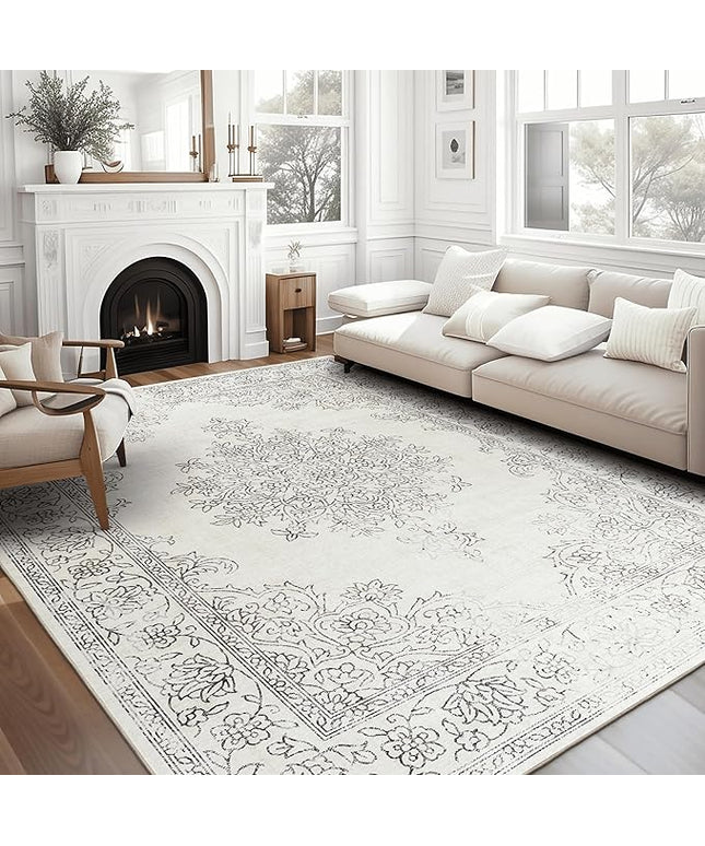 ReaLife Rugs Machine Washable Area Rug - Living Room Bedroom Bathroom Kitchen Entryway Office - Padded Low Pile Stain Resistant Premium - Boho Farmhouse Vintage - Paige - Ivory 5' x 7'