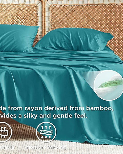Bedsure King Size Sheets Set, Cooling Sheets for Hot Sleepers, Rayon Derived from Bamboo, Breathable & Soft, Deep Pocket Up to 16 Inches, Hotel Luxury Silky Bedding, Turquoise
