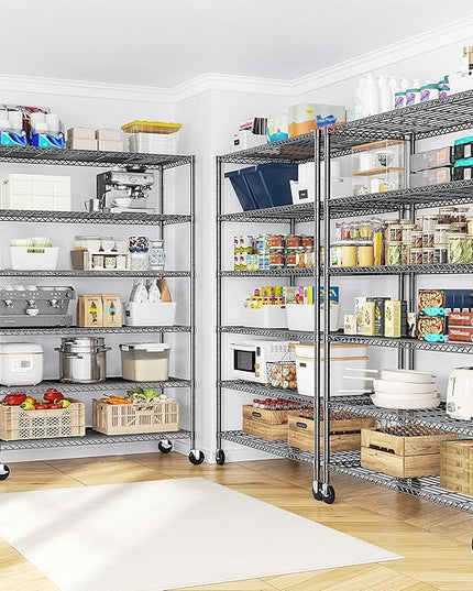 82" H X45 W X18 D Storage Shelves with Wheels, 6 Tier Wire Shelving Adjustable Metal Shelving Pantry Shelves Capacity 1200LBS for Garage Shelving, Pantry, Kitchen, Closet, Black,2P