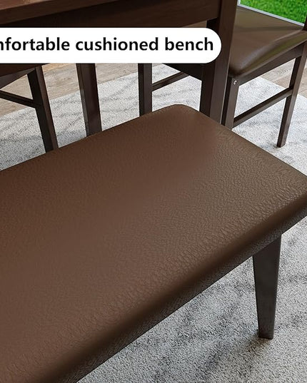 4-Piece Solid Wood Indoor Modern Rectangular Dining Table Set for 4 with Chairs and Bench,Table and Chairs Set with PU Leather Cushion for Kitchen,Bar,Living Room,Breakfast Nook,Brown