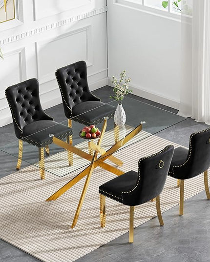 Rectangle Glass Dining Table Set for 4, 60'' Kitchen Table and Chairs Set, 5PCS Modern Dining Room Table Set with 4 Velvet Dining Chair for Home