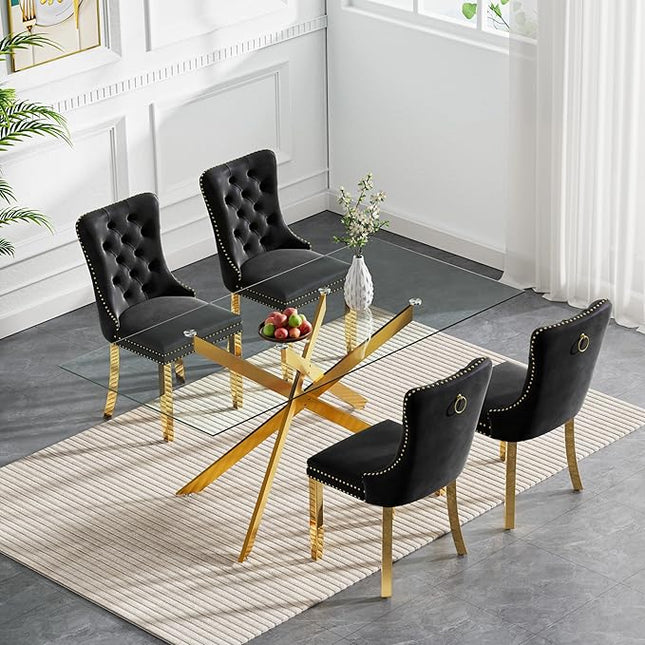 Rectangle Glass Dining Table Set for 4, 60'' Kitchen Table and Chairs Set, 5PCS Modern Dining Room Table Set with 4 Velvet Dining Chair for Home