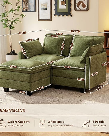 Ihanherry 57" L Shaped Modular Sectional Cloud Sofa, Modern 3 Seat Chenille Couch with Ottoman for Living Room, Bedroom and Apartment, Green