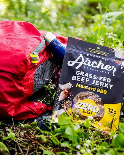 Country Archer Grass Fed Beef Jerky Mustard BBQ - Zero Sugar Beef Jerky, Sugar Free Beef Jerky Snack Pack, Mustard BBQ Beef Jerky Bulk, Individual Beef Jerky Pack, Gluten Free, Paleo- 2 oz (Pack of 6)