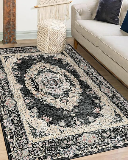 Black Rug 3x5,Washable Area Rugs for Bedroom Living Room Kitchen Entryway,Small Boho Vintage Bohemian Distressed Non Slip Carpet,Floral