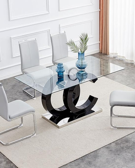 Ebullient Glass Dining Table Set for 4 ，5 Piece Dining Table Set,Tempered Glass Table Top，Modern Dining Room Table with 4 PU Leather Ergonomic Dining Chairs