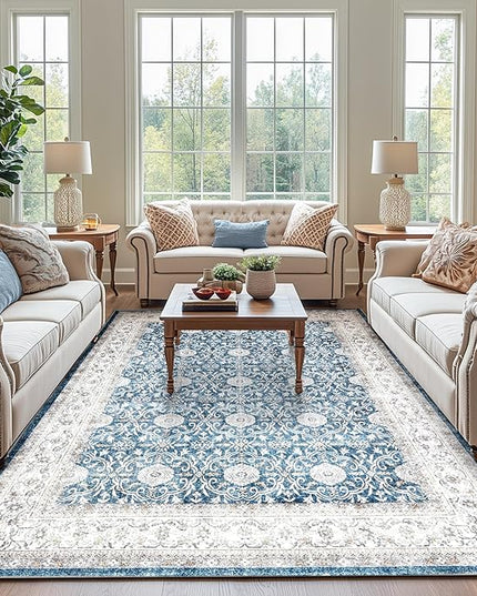 jinchan Floral 6x9 Area Rug for Living Room - Machine Washable Vintage Distressed Boho Design Throw Rug Stain Resistant Carpet Low-Pile Thin Non-Slip for Bedroom Dining Room Nursery (6‘x9', Dark Blue)