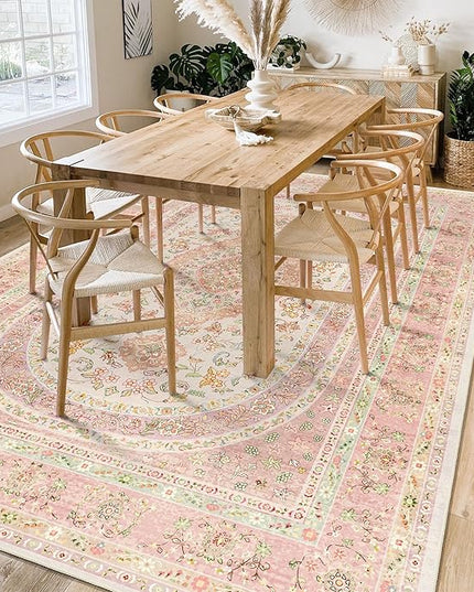 6x9 Area Rugs Washable,Pink Rug for Living Room Bedroom Kitchen,Large Boho Vintage Bohemian Distressed Farmhouse Carpet Non Slip,Blush Floral