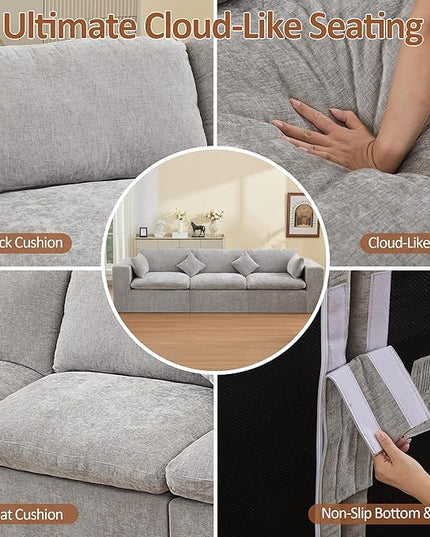 115''Cloud Boneless Sectional Couch, Modular Sectional Sofa Deep Seat, Oversized Upholstered Convertible Comfy 3 Seater Chenille Memory Foam Sofa Couches for Living Room, Light Grey