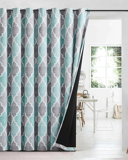 Beauoop 100% Blackout Curtains 84 Inches Long for Patio Sliding Door Aqua Grey Extra Wide Moroccan Geo Room Darkening Thermal Soundproof Room Divider Grommet Window Treatment Drapes,100x84 Set of 1