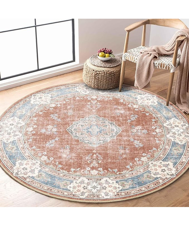 MUJOO Boho Round Rug 4ft,Circle Washable Area Rugs for Bedroom Living Room Bathroom,Vintage Small Distressed Non Slip Circular Carpet,Orange Navy Blue Floral