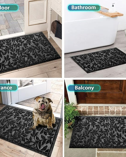 Bulijojo Sturdy Front Entrance Doormats,Durable Heavy Duty Welcome Mat,Thick Absorbent Natural Rubber Non Slip Mat,Easy Clean Entryway Mat Leaves Black 23"x35"
