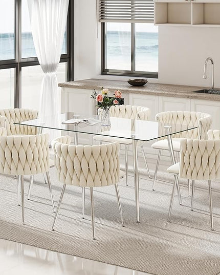 Silver Glass Dining Room Table Set for 6, 63'' Modern Luxury Rectangular Dinner Table Set, 7 PCS Clear Glass Top Minimalist Kitchen Table Set, Ivory Woven Dining Chair for Small Apartment