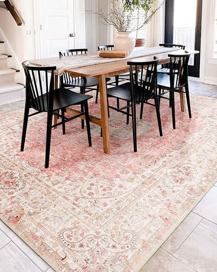 8x10 Area Rugs Washable,Pink Rug for Living Room Bedroom Dining Room,Large Boho Vintage Bohemian Distressed Carpet Non Slip,Blush