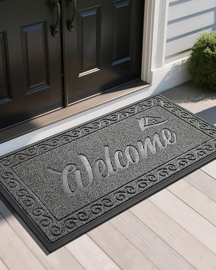 Yimobra Welcome Mat, Heavy Duty Sturdy Door Mats for Home Entrance Outdoor Indoor, Front Doormat for Outside Patio Floor Entry Porch Garage Office, Waterproof, Low Profile, 47 x 24, Black Grey