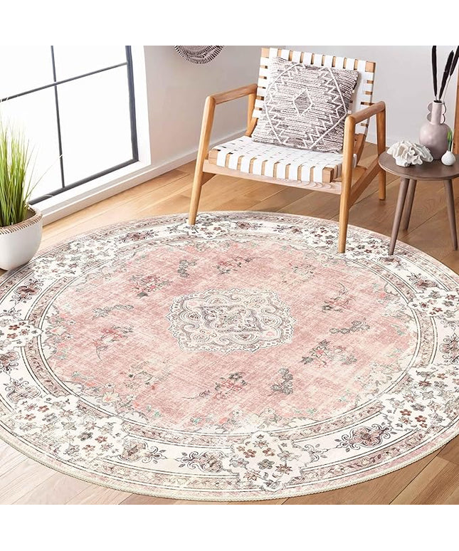 MUJOO Pink Round Rug 5ft,Circle Washable Area Rugs for Bedroom Living Room Bathroom,Boho Large Non Slip Circular Carpet,Blush Floral