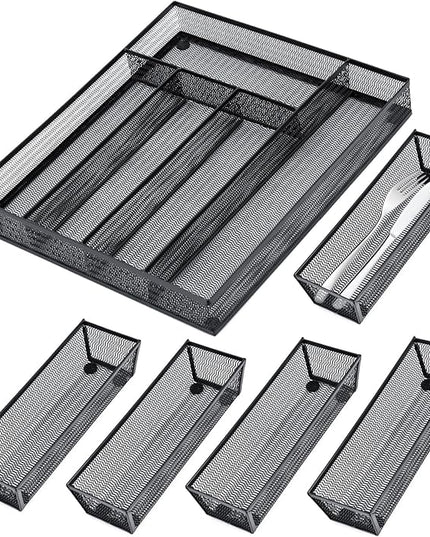 Neudeco Drawer Organizer Set 6 Pack - 5-Compartment Silverware Organizer Tray + 5 Utensil Trays, Kitchen Drawer Organizer for Flatware, Cutlery, Office Supplies, Black Mesh, Non-Slip.