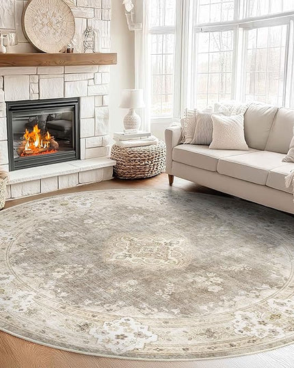 MUJOO Beige Round Rug 9ft,Large Circle Washable Area Rugs for Bedroom Living Room Bathroom,Boho Non Slip Circular Carpet,Floral